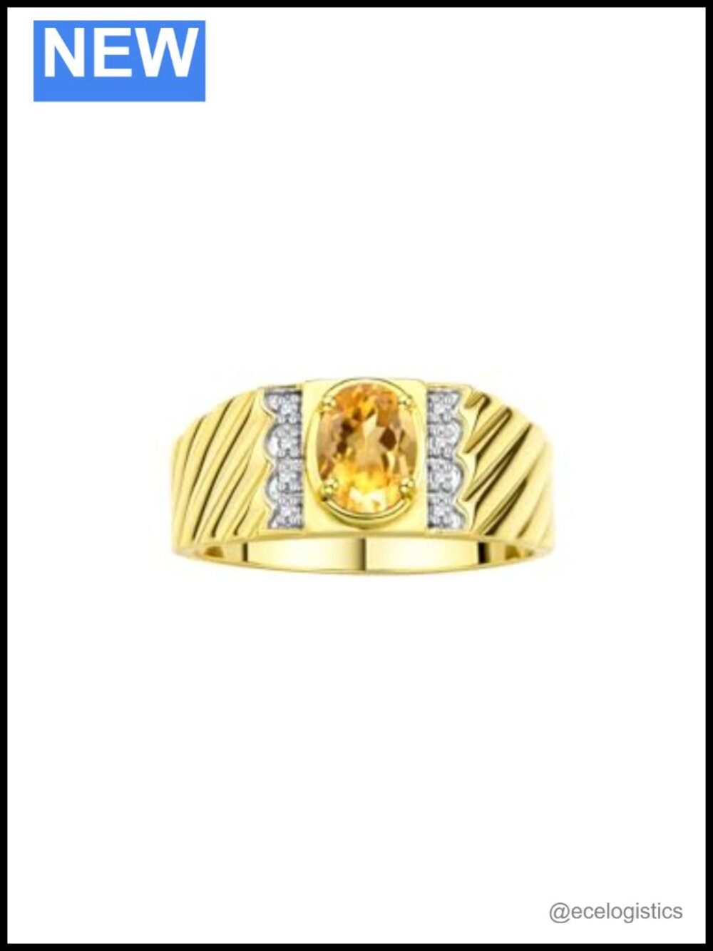 Men's Yellow Gold-Plated Silver Oval Gemstone & Diamond Ring